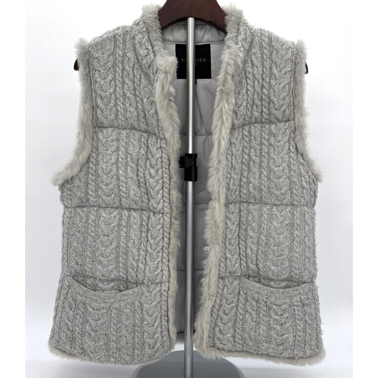 Talbots Faux Fur Trim Silver Metallic Cable-Knit Sweater Vest W/Permaloft Sz M/P